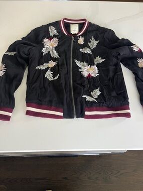elevenses Black Embroidered Floral Bomber Jacket with Burgundy Trim